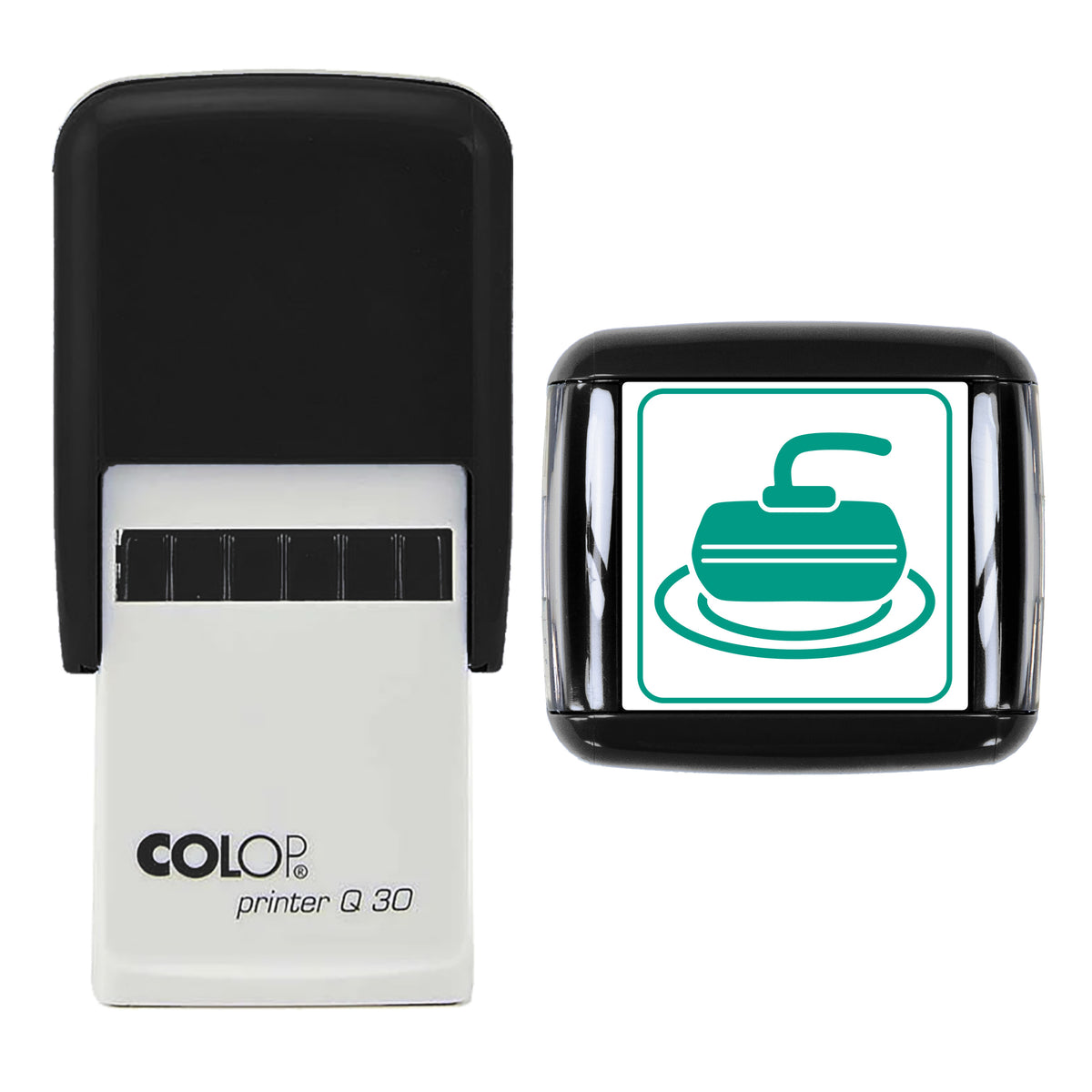 Curling Stone on Ice Christmas Stamp, COLOP Q30, 30 x 30mm, green ink