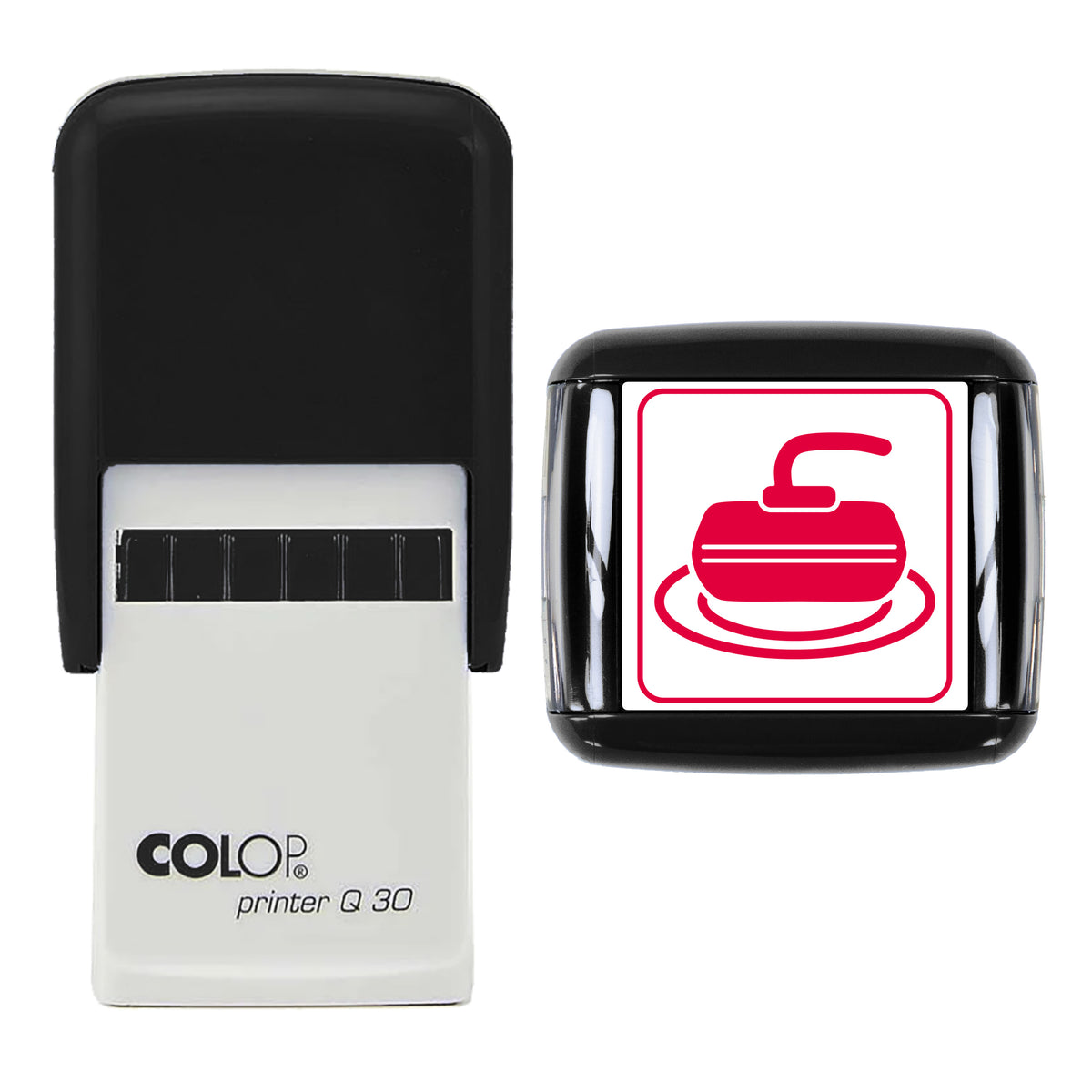Curling Stone on Ice Christmas Stamp, COLOP Q30, 30 x 30mm, red ink