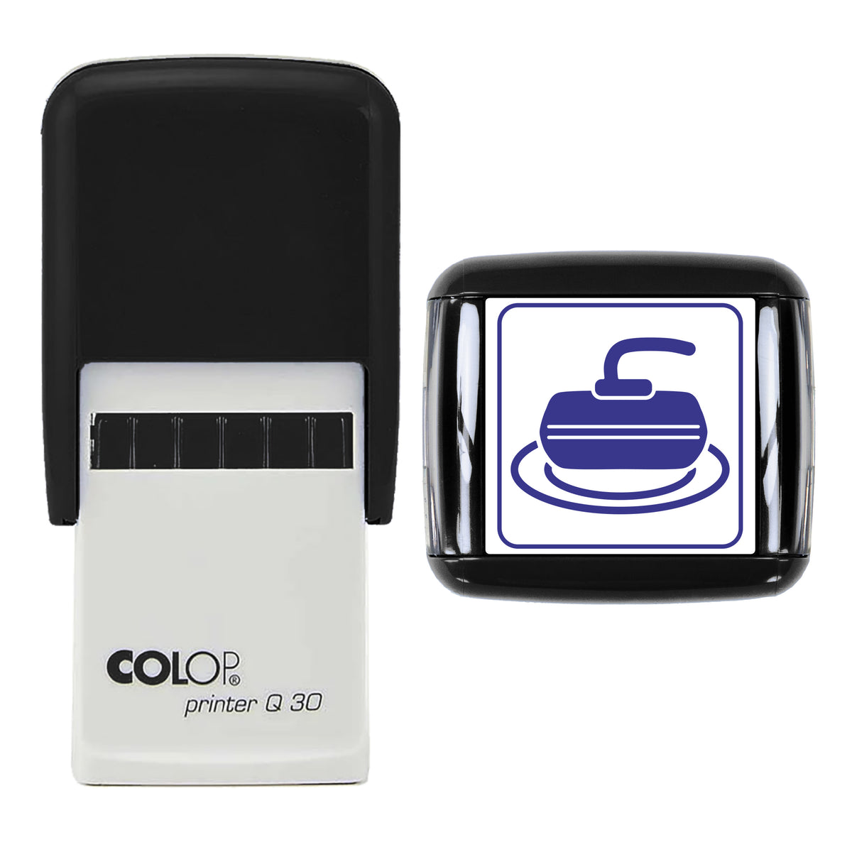 Curling Stone on Ice Christmas Stamp, COLOP Q30, 30 x 30mm, violet ink