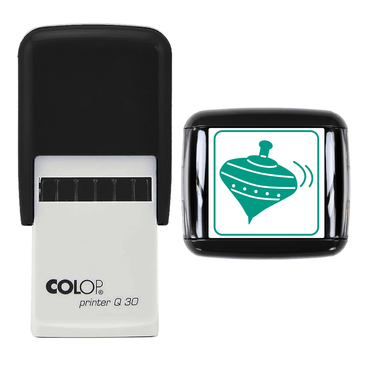 Vintage Spinning Top Christmas Stamp, COLOP Q30, 30 x 30mm, green ink