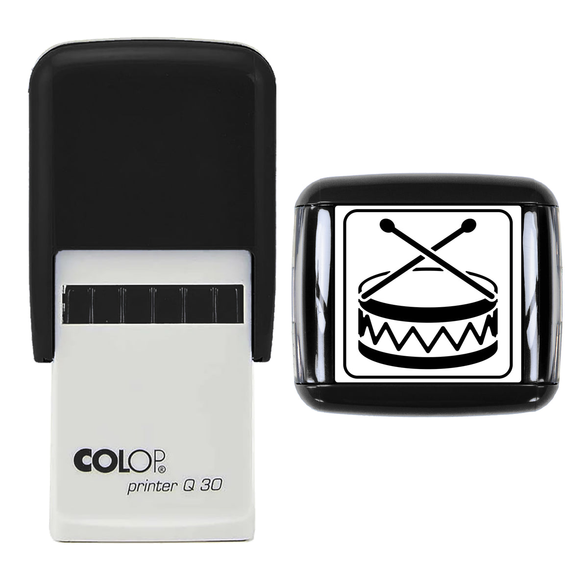 Toy Drum and Sticks Christmas Stamp, COLOP Q30, 30 x 30mm, black ink