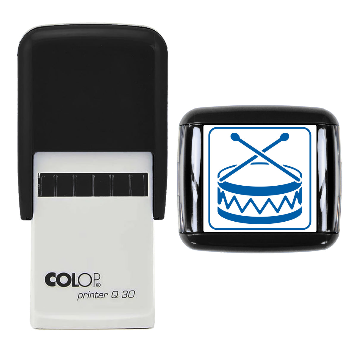 Toy Drum and Sticks Christmas Stamp, COLOP Q30, 30 x 30mm, blue ink