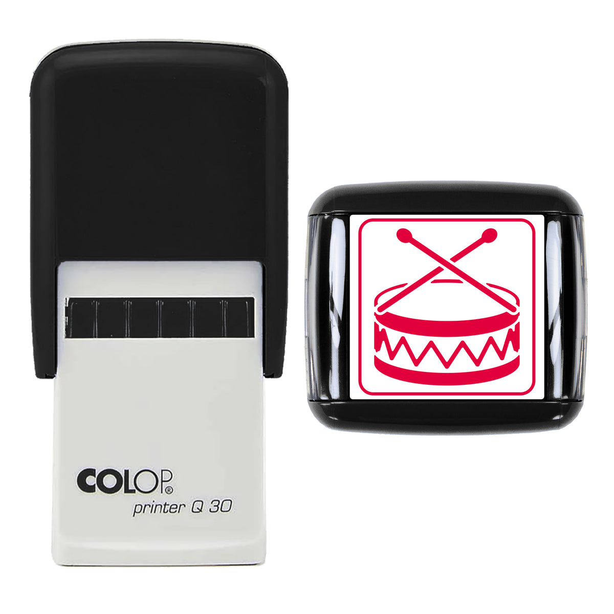 Toy Drum and Sticks Christmas Stamp, COLOP Q30, 30 x 30mm, red ink