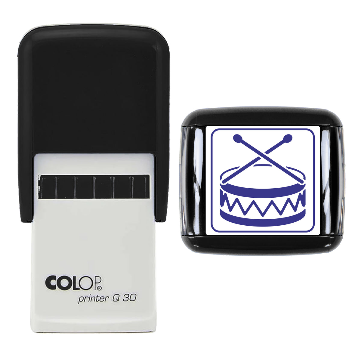 Toy Drum and Sticks Christmas Stamp, COLOP Q30, 30 x 30mm, violet ink