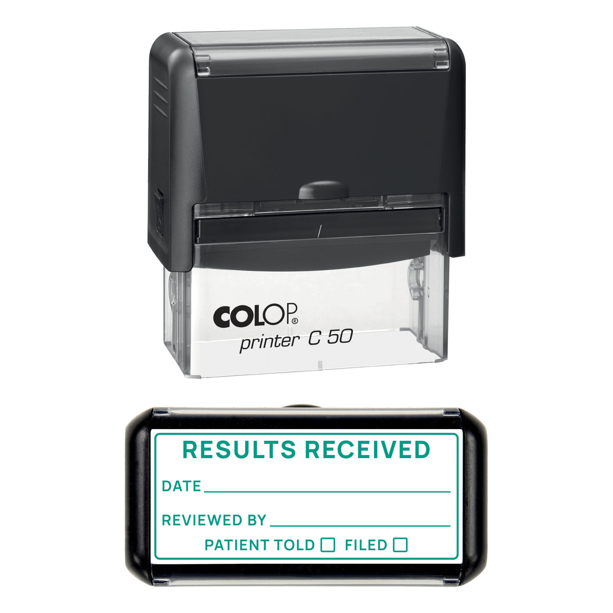 Results Received Stamp, COLOP C50, 70 x 30mm, green ink