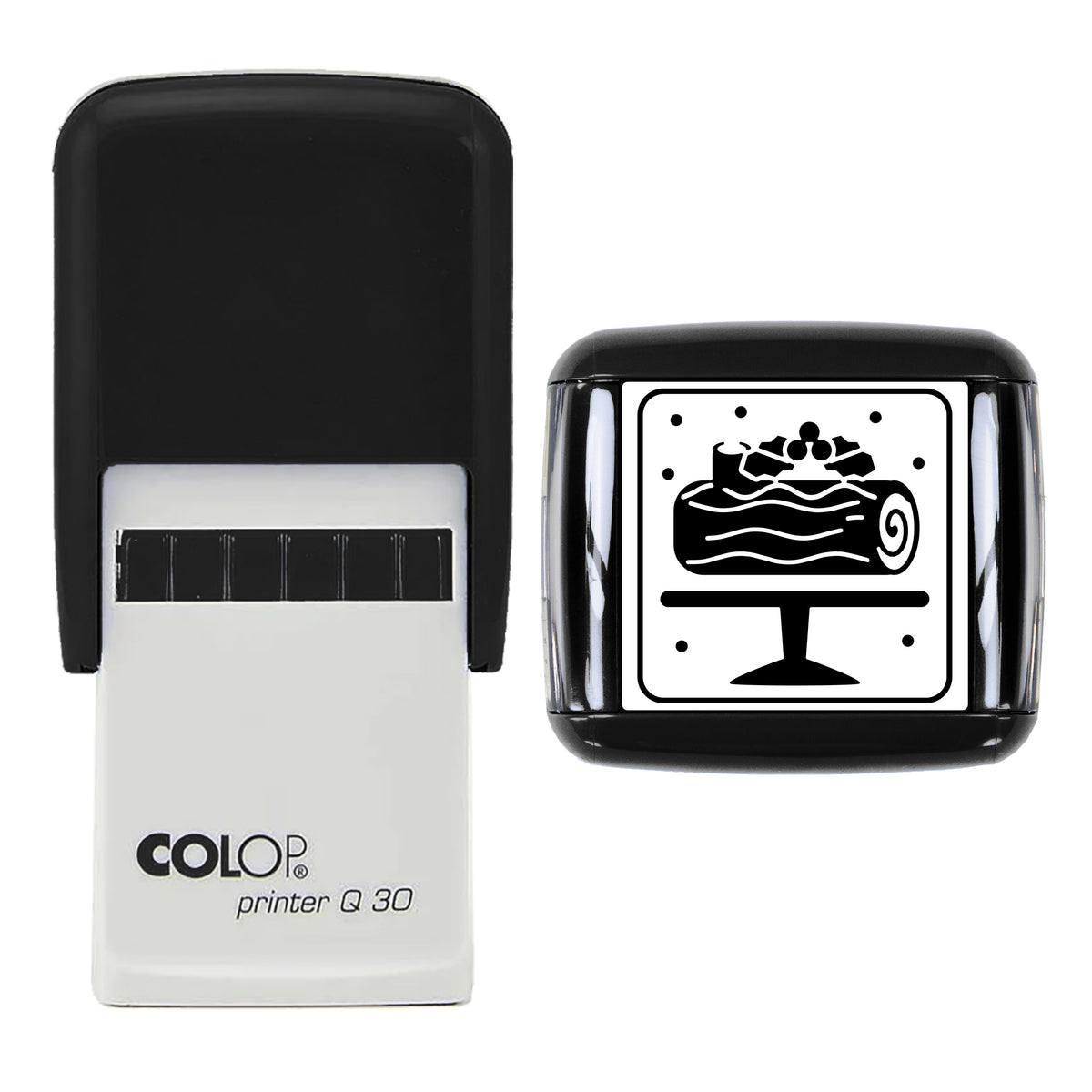 Chocolate Log Cake Christmas Stamp, COLOP Q30, 30 x 30mm, black ink