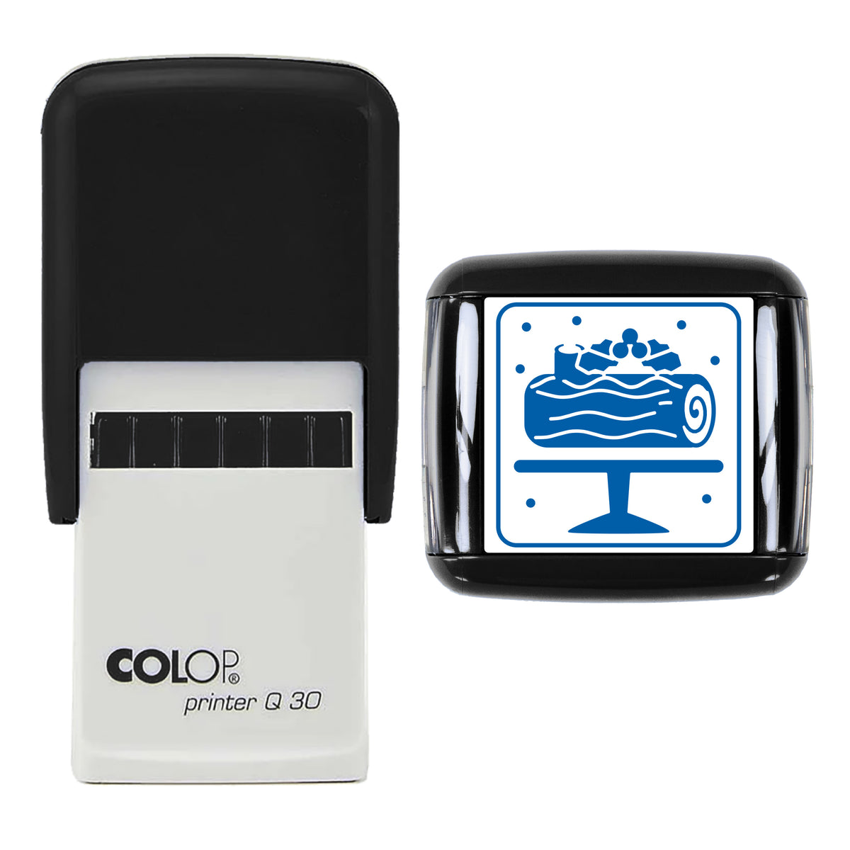 Chocolate Log Cake Christmas Stamp, COLOP Q30, 30 x 30mm, blue ink