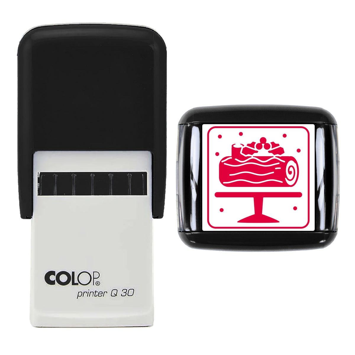 Chocolate Log Cake Christmas Stamp, COLOP Q30, 30 x 30mm, red ink