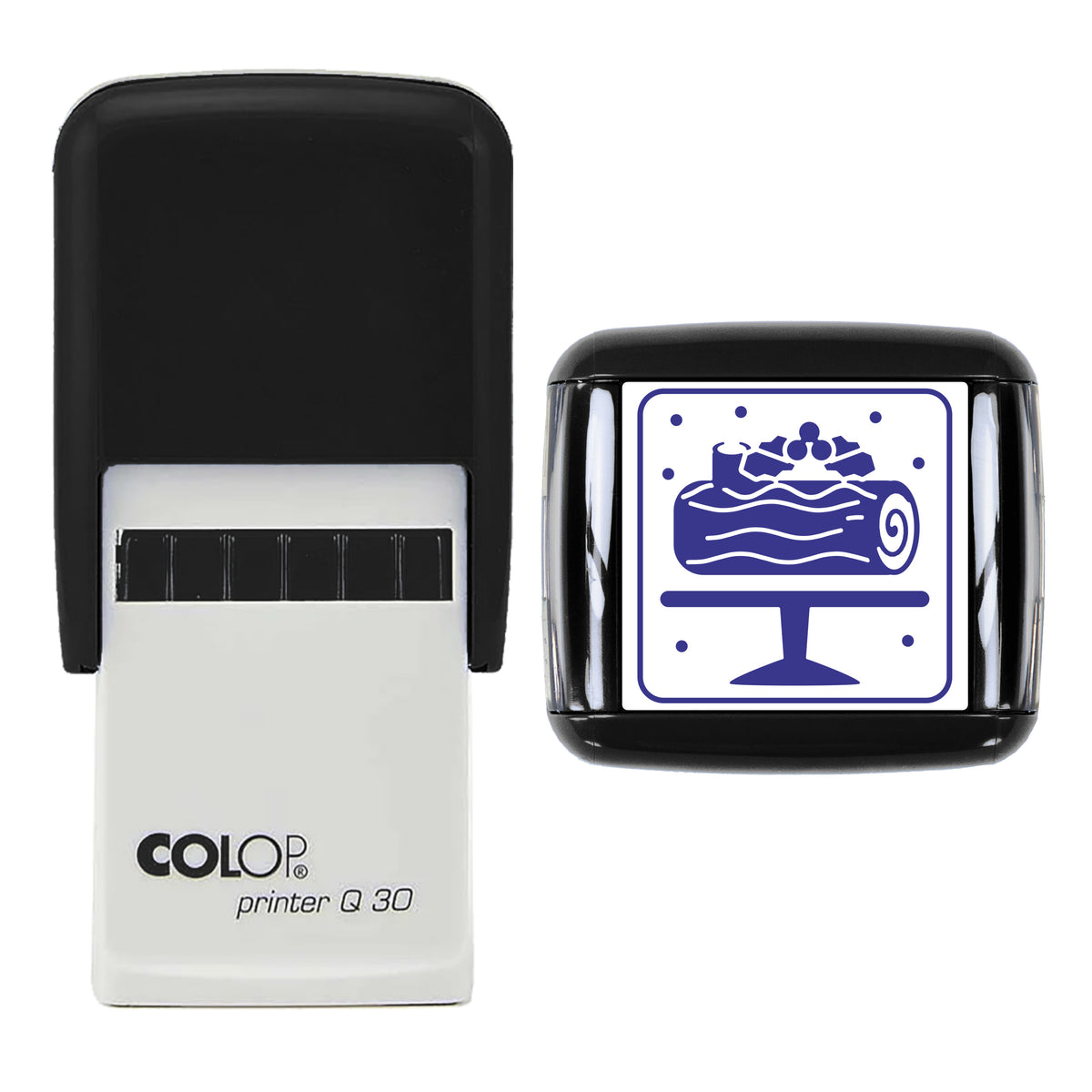 Chocolate Log Cake Christmas Stamp, COLOP Q30, 30 x 30mm, violet ink