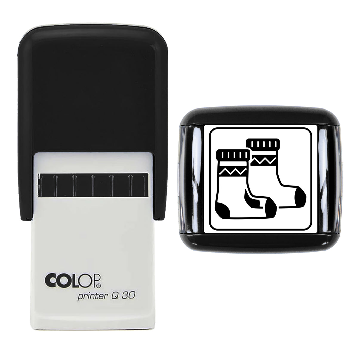 Woolly Bed Socks Christmas Stamp, COLOP Q30, 30 x 30mm, black ink