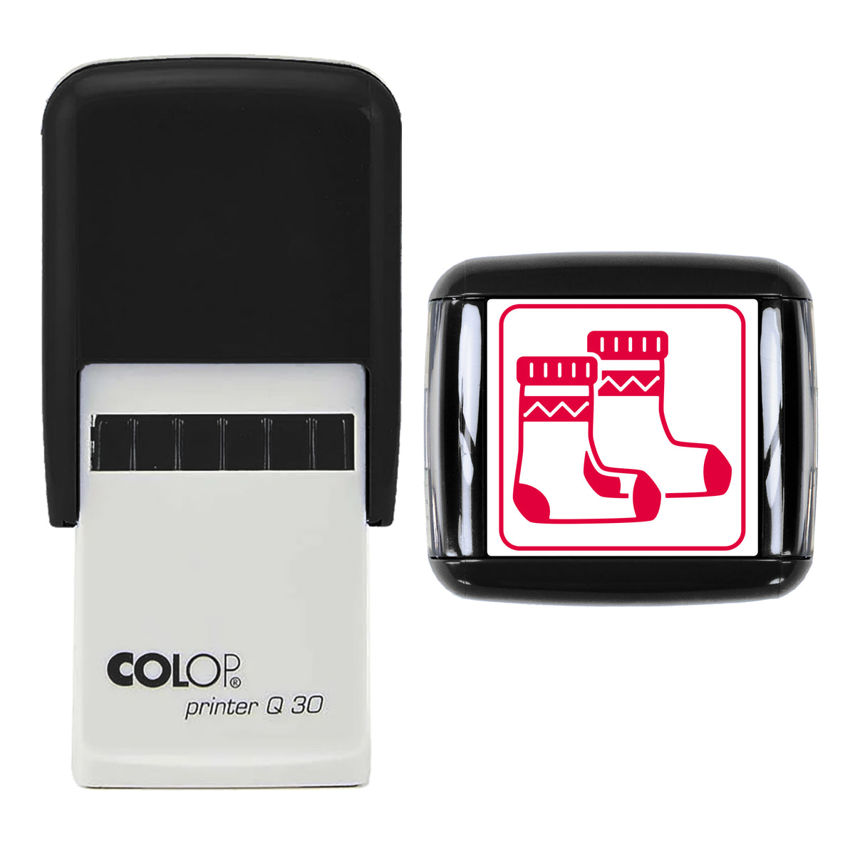 Woolly Bed Socks Christmas Stamp, COLOP Q30, 30 x 30mm, red ink