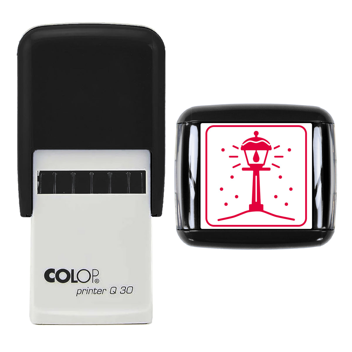 Snowy Street Lamp Christmas Stamp, COLOP Q30, 30 x 30mm, red ink