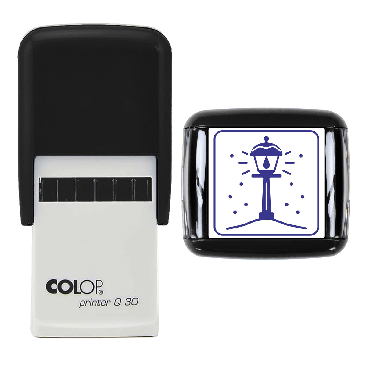 Snowy Street Lamp Christmas Stamp, COLOP Q30, 30 x 30mm, violet ink