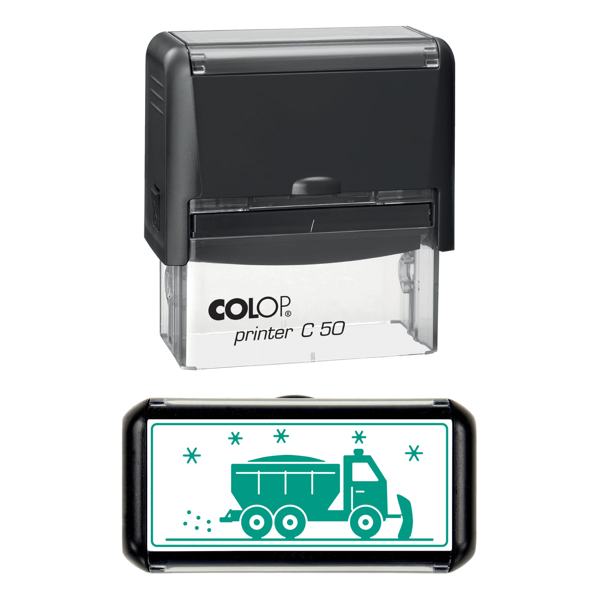 Gritter Lorry Christmas Stamp, COLOP C50, 70 x 30mm, green ink