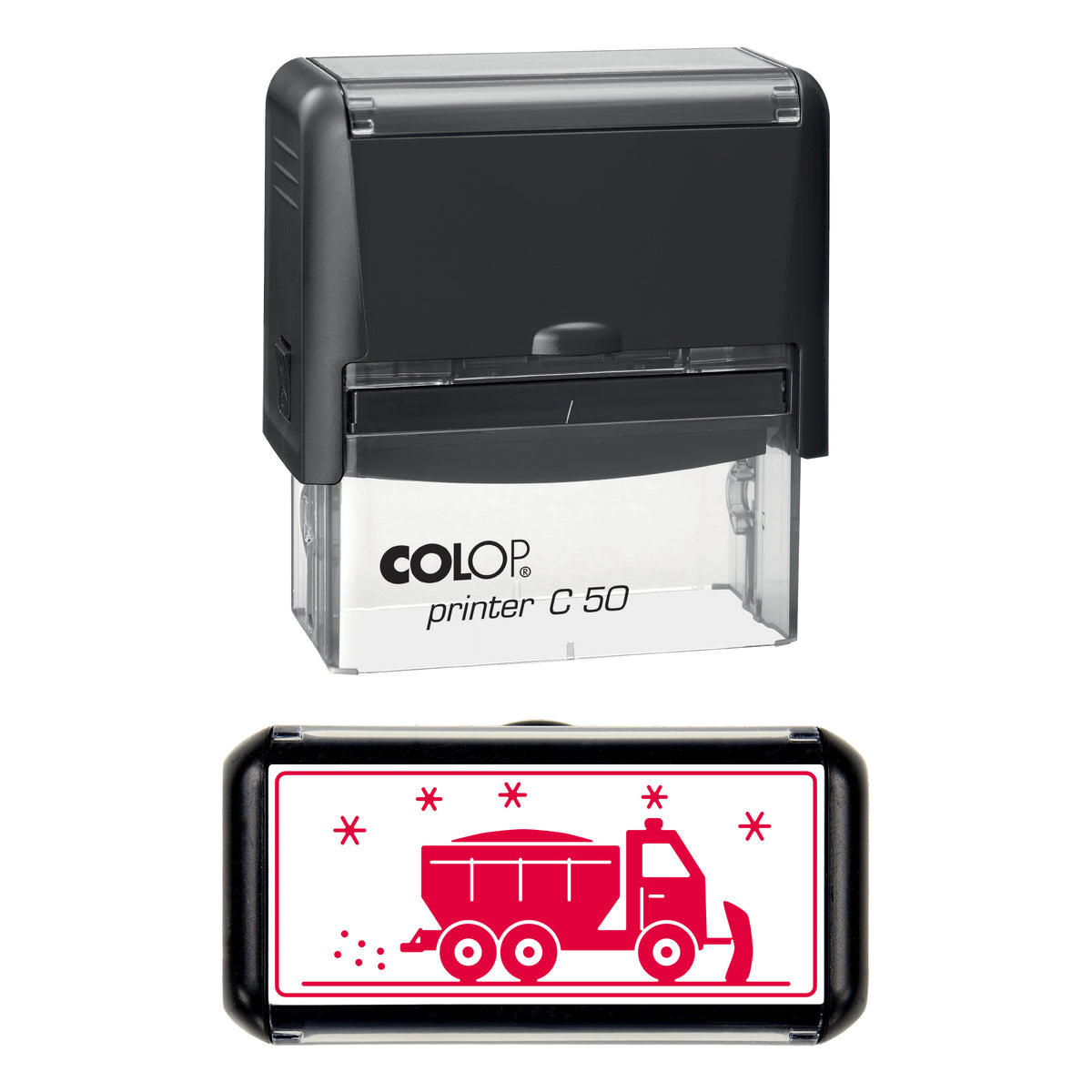 Gritter Lorry Christmas Stamp, COLOP C50, 70 x 30mm, red ink