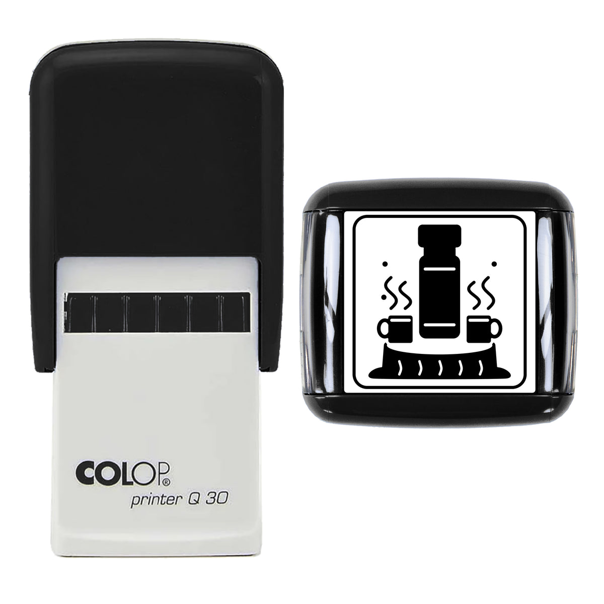 Flask and Two Mugs Christmas Stamp, COLOP Q30, 30 x 30mm, black ink