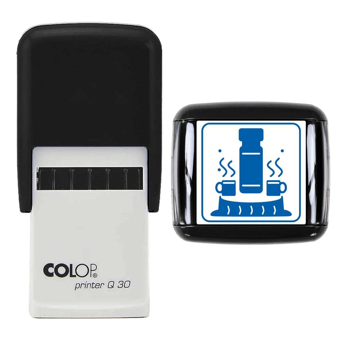Flask and Two Mugs Christmas Stamp, COLOP Q30, 30 x 30mm, blue ink