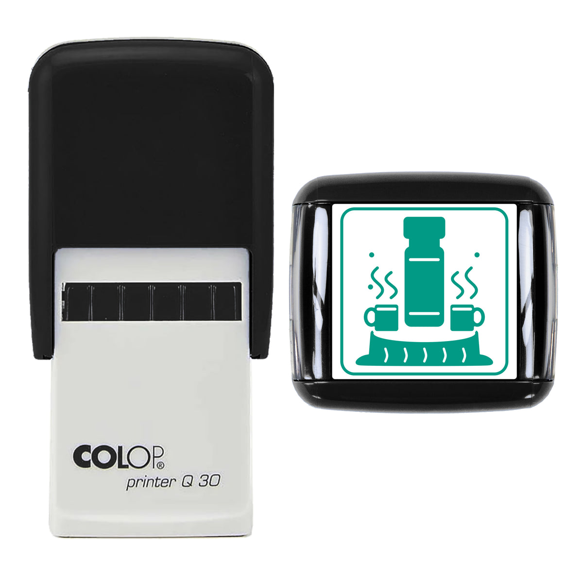 Flask and Two Mugs Christmas Stamp, COLOP Q30, 30 x 30mm, green ink