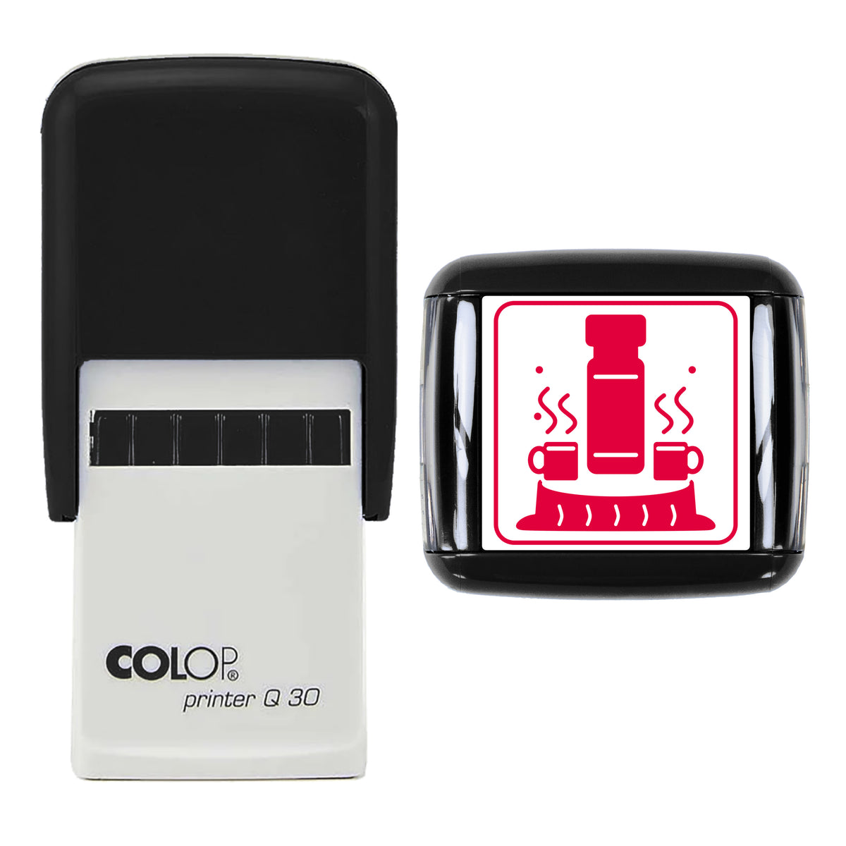 Flask and Two Mugs Christmas Stamp, COLOP Q30, 30 x 30mm, red ink