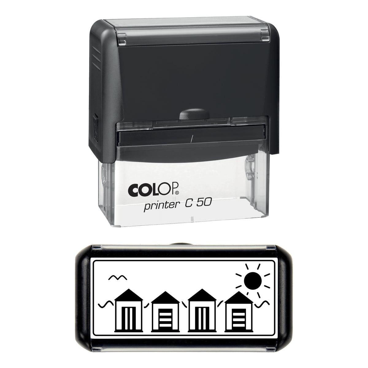 Row of Beach Huts Stamp, COLOP C50, 70 x 30mm, black ink