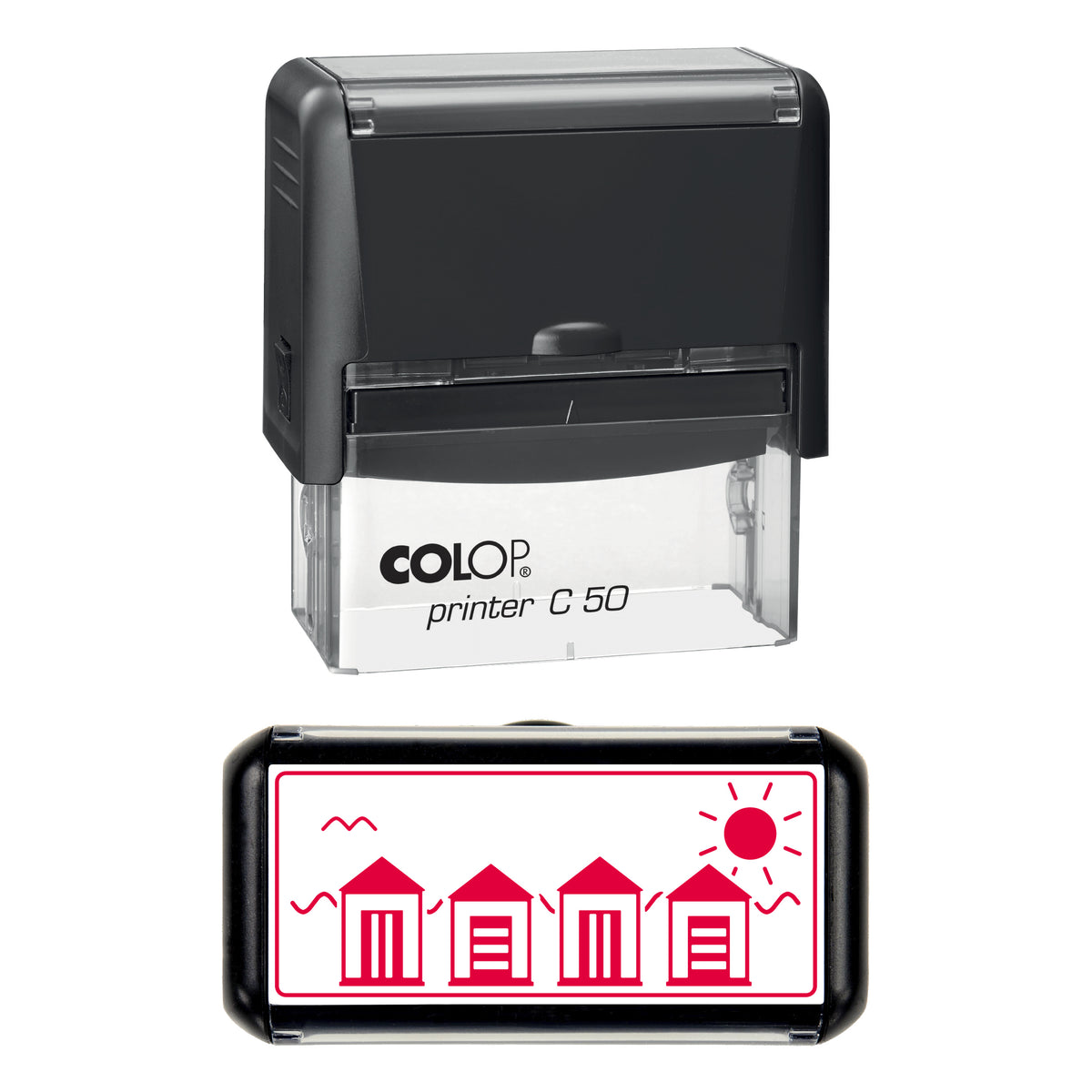Row of Beach Huts Stamp, COLOP C50, 70 x 30mm, red ink
