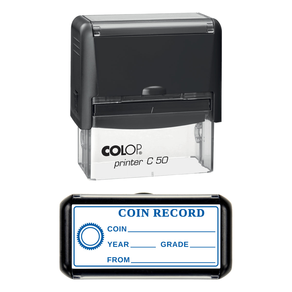 Coin Collection Record Stamp, COLOP C50, 70 x 30mm, blue ink