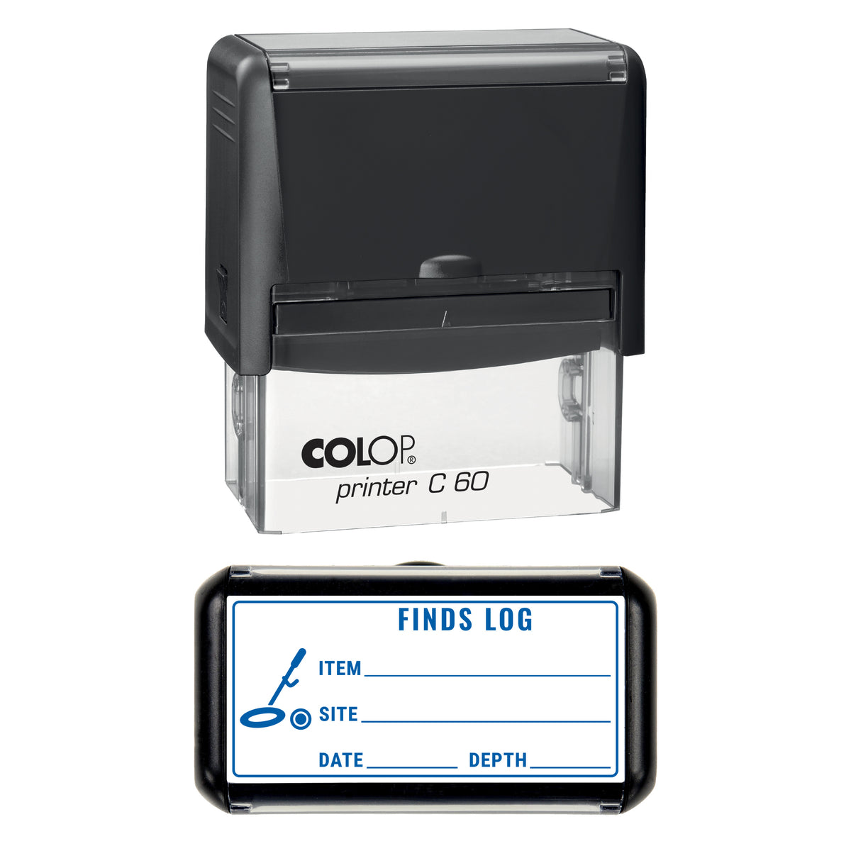 Metal Detecting Finds Log Stamp, COLOP C60, 77 x 36mm, blue ink