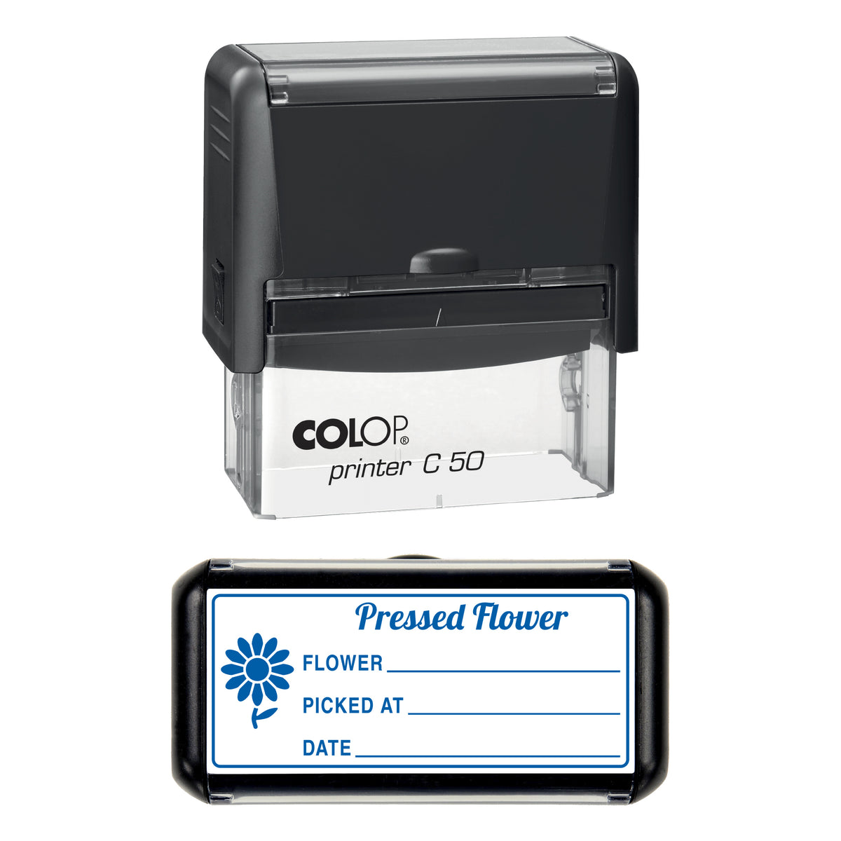 Pressed Flower Record Stamp, COLOP C50, 70 x 30mm, blue ink