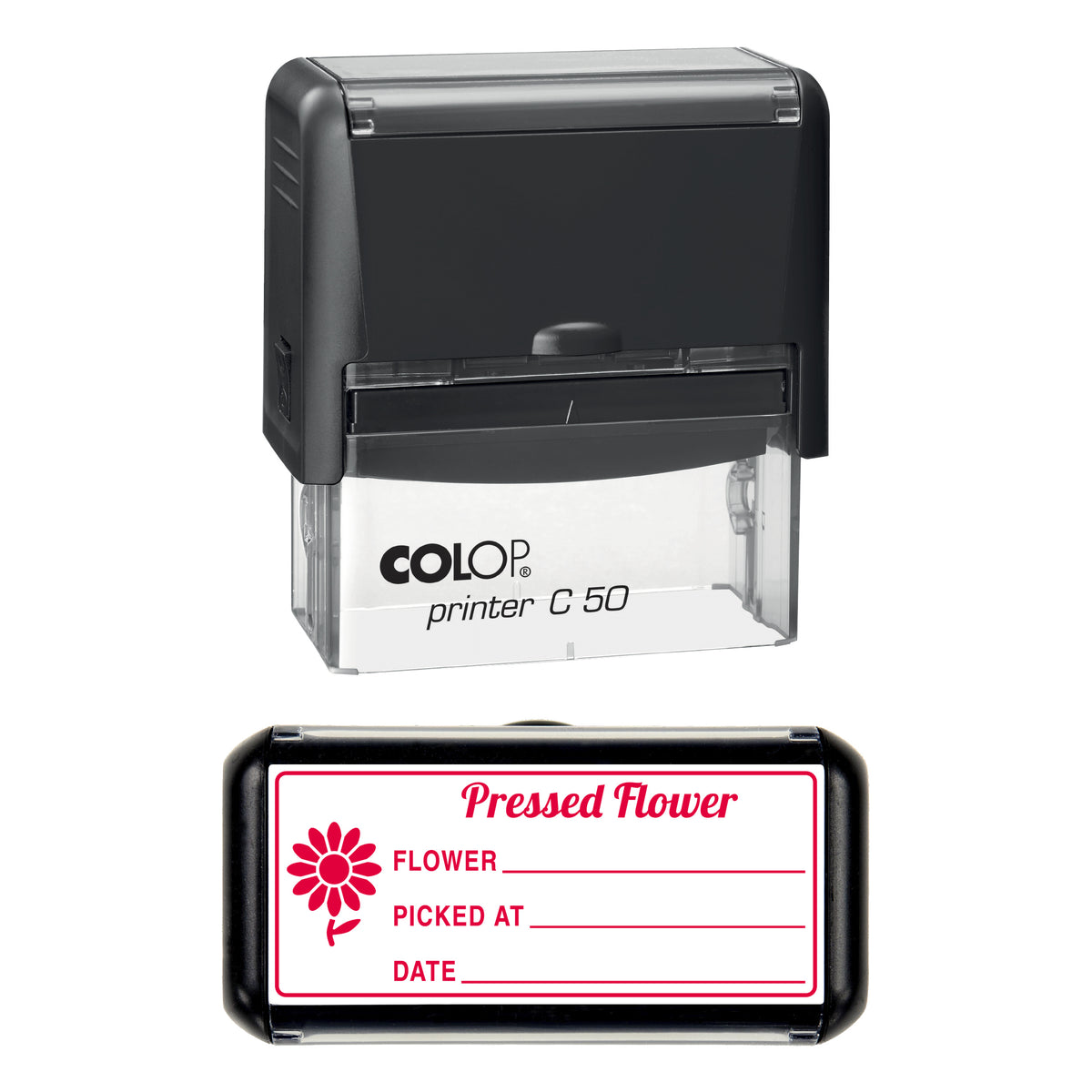 Pressed Flower Record Stamp, COLOP C50, 70 x 30mm, red ink
