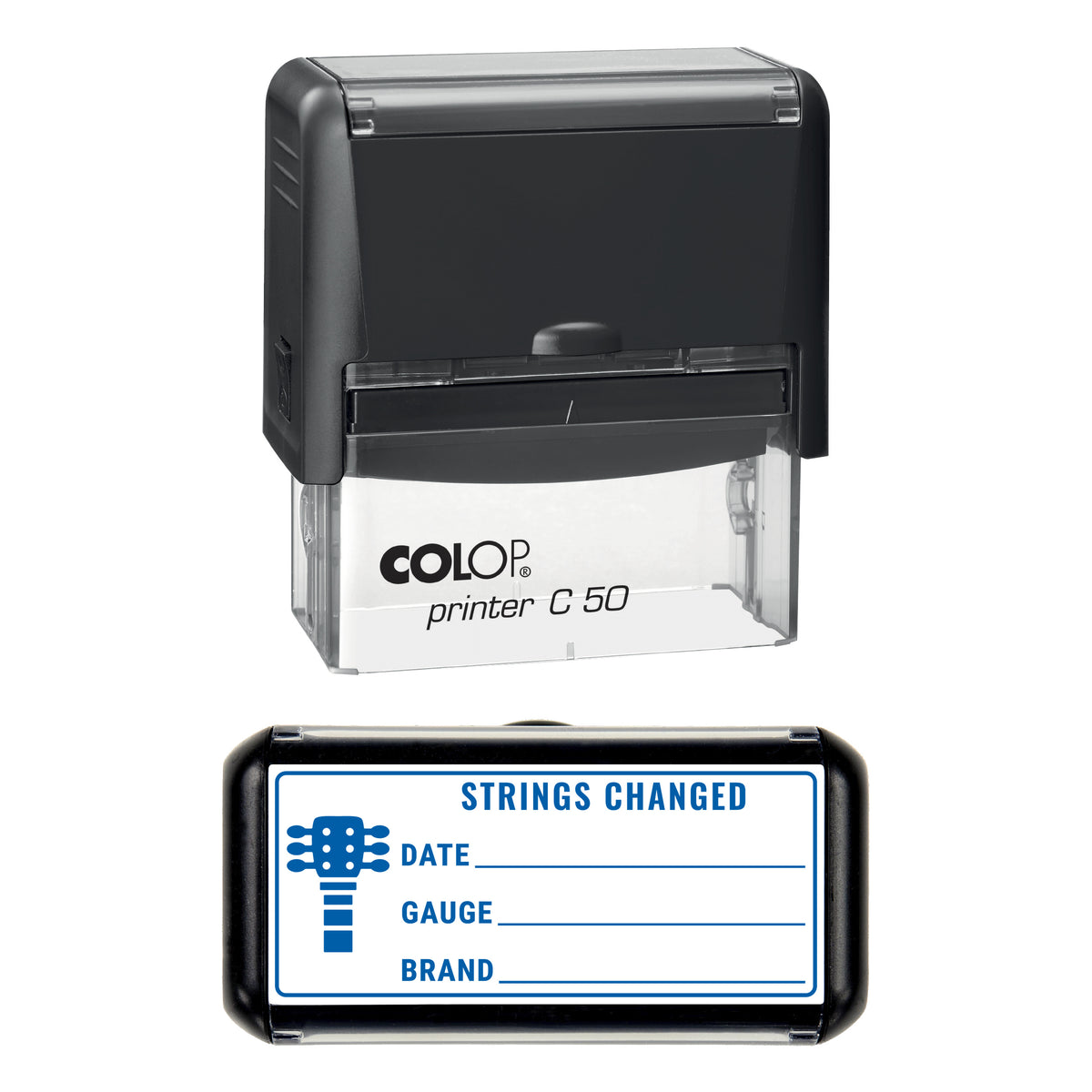 Guitar Strings Changed Record Stamp, COLOP C50, 70 x 30mm, blue ink