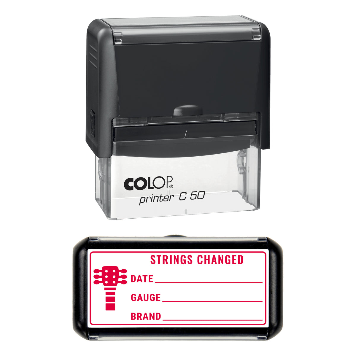 Guitar Strings Changed Record Stamp, COLOP C50, 70 x 30mm, red ink
