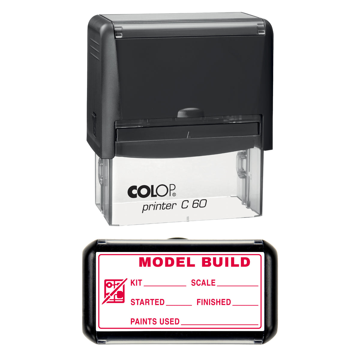 Model Kit Build Log Stamp, COLOP C60, 77 x 36mm, red ink