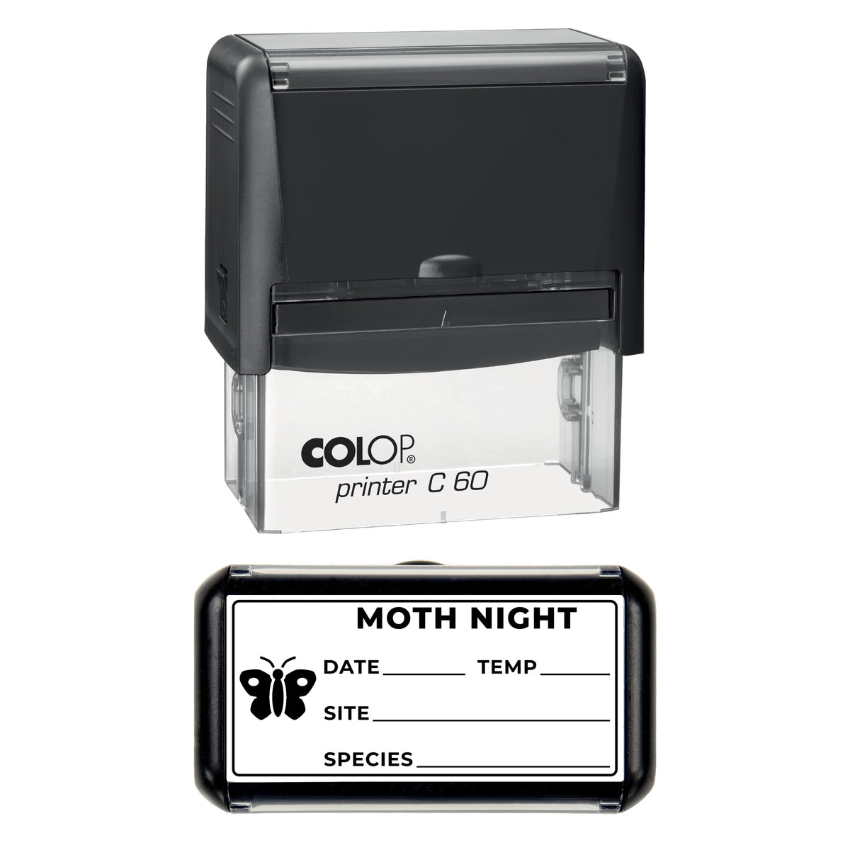 Moth Night Record Stamp, COLOP C60, 77 x 36mm, black ink
