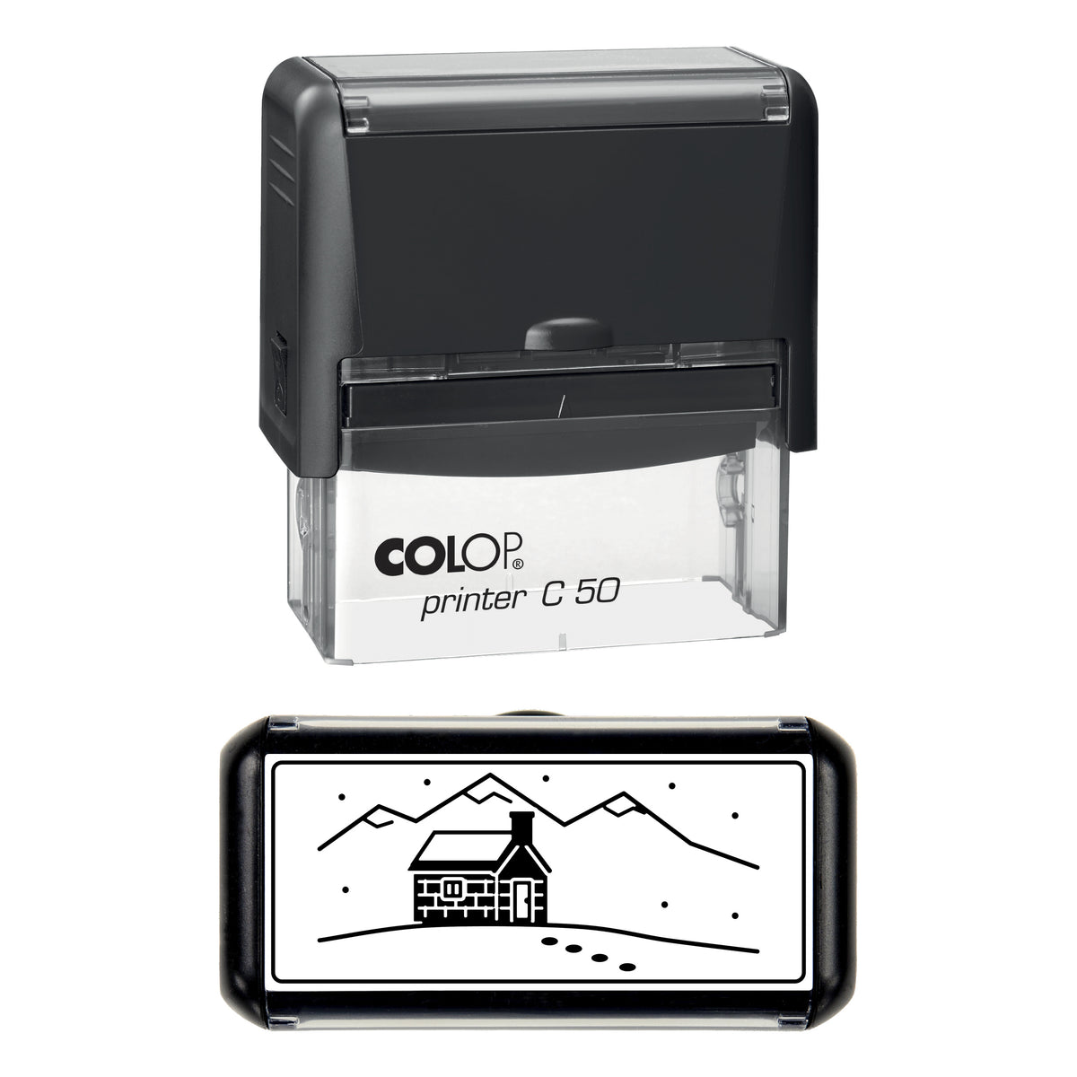 Mountain Bothy in Snow Christmas Stamp, COLOP C50, 70 x 30mm, black ink