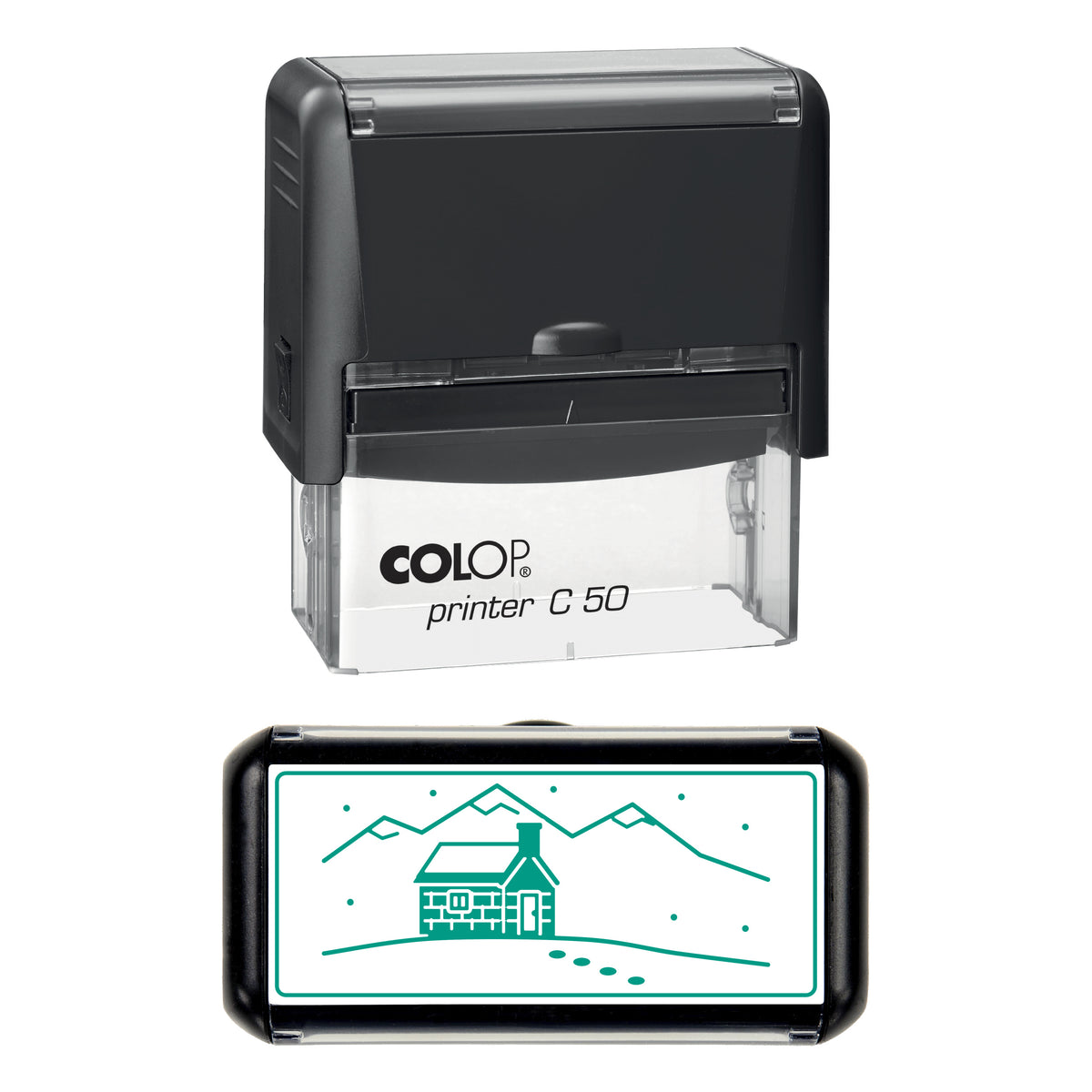 Mountain Bothy in Snow Christmas Stamp, COLOP C50, 70 x 30mm, green ink