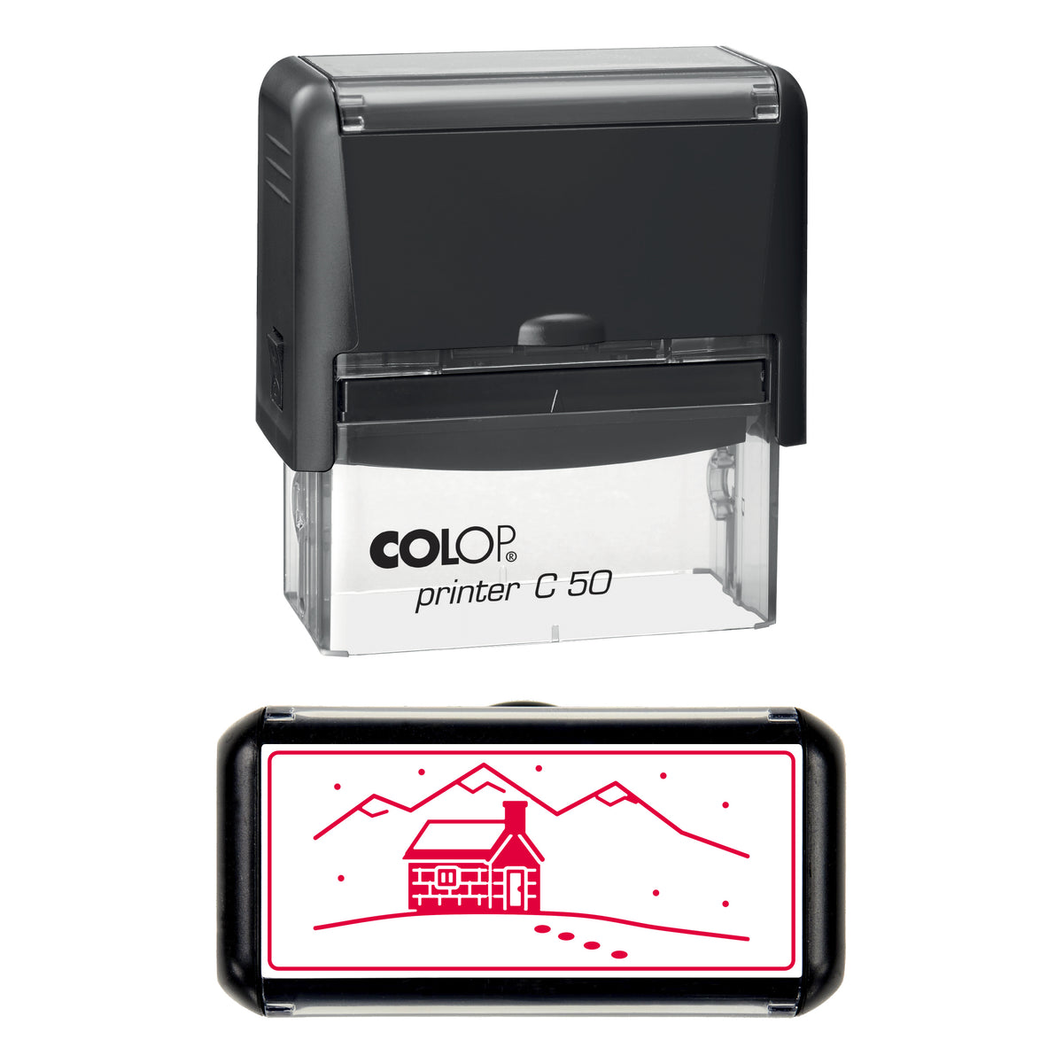 Mountain Bothy in Snow Christmas Stamp, COLOP C50, 70 x 30mm, red ink