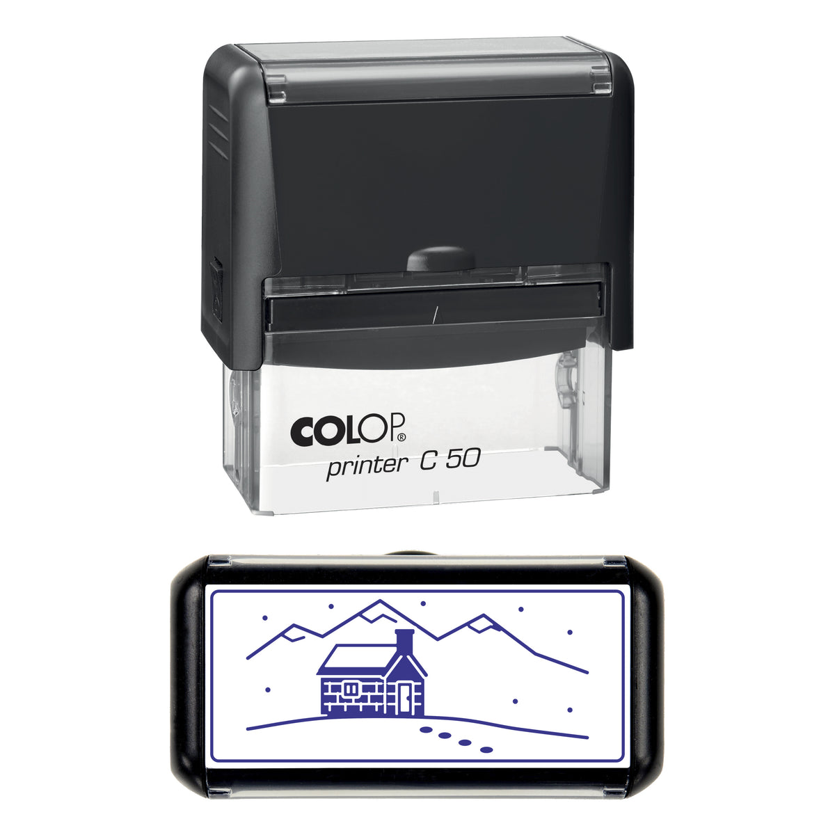 Mountain Bothy in Snow Christmas Stamp, COLOP C50, 70 x 30mm, violet ink