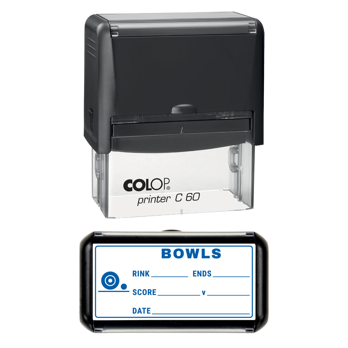 Lawn Bowls Match Record Stamp, COLOP C60, 77 x 36mm, blue ink
