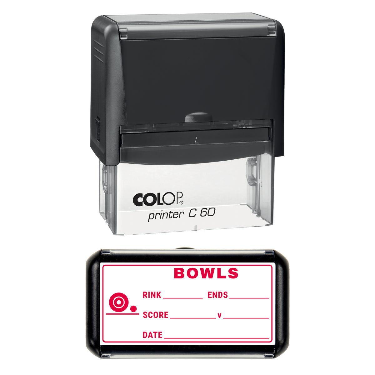 Lawn Bowls Match Record Stamp, COLOP C60, 77 x 36mm, red ink