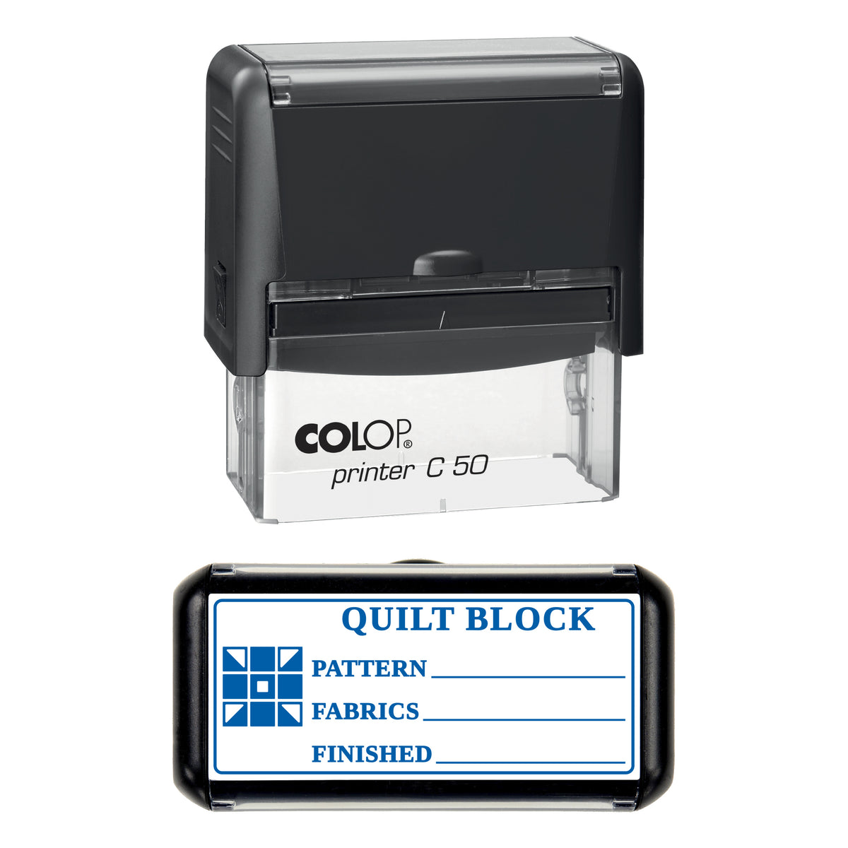 Quilt Block Record Stamp, COLOP C50, 70 x 30mm, blue ink