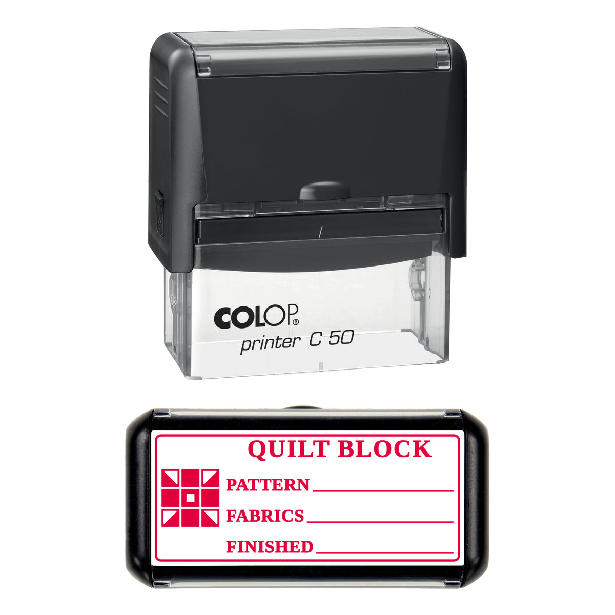 Quilt Block Record Stamp, COLOP C50, 70 x 30mm, red ink