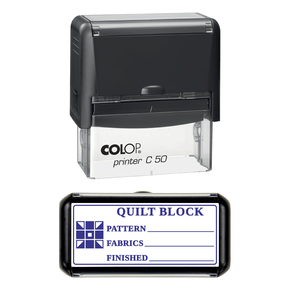 Quilt Block Record Stamp, COLOP C50, 70 x 30mm, violet ink
