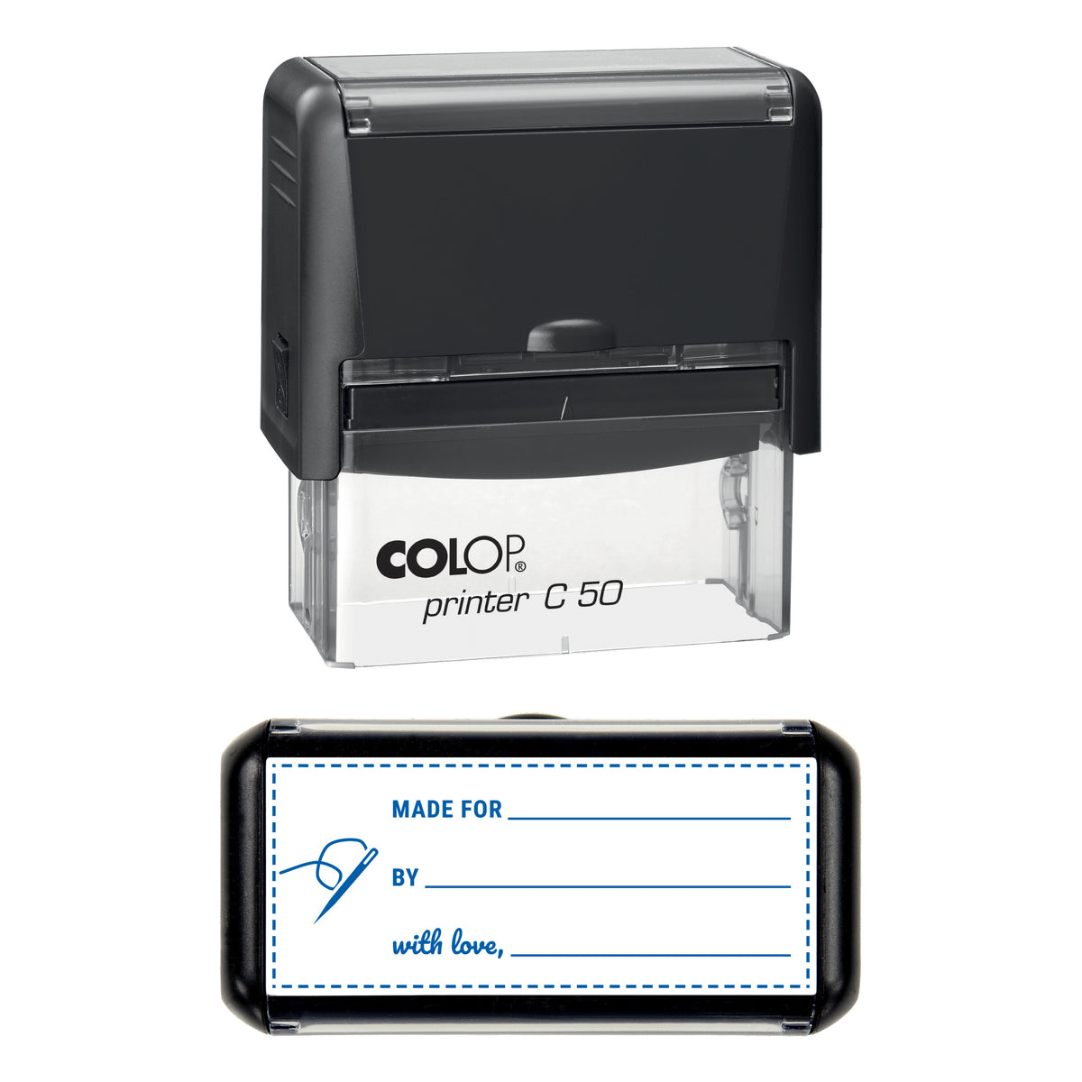 Made For Handmade Gift Label Stamp, COLOP C50, 70 x 30mm, blue ink