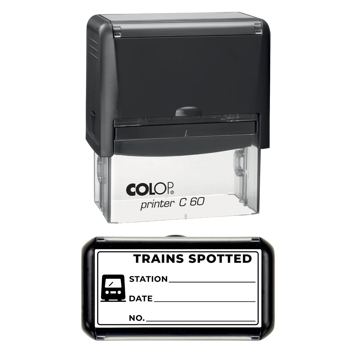 Trains Spotted Log Stamp, COLOP C60, 77 x 36mm, black ink