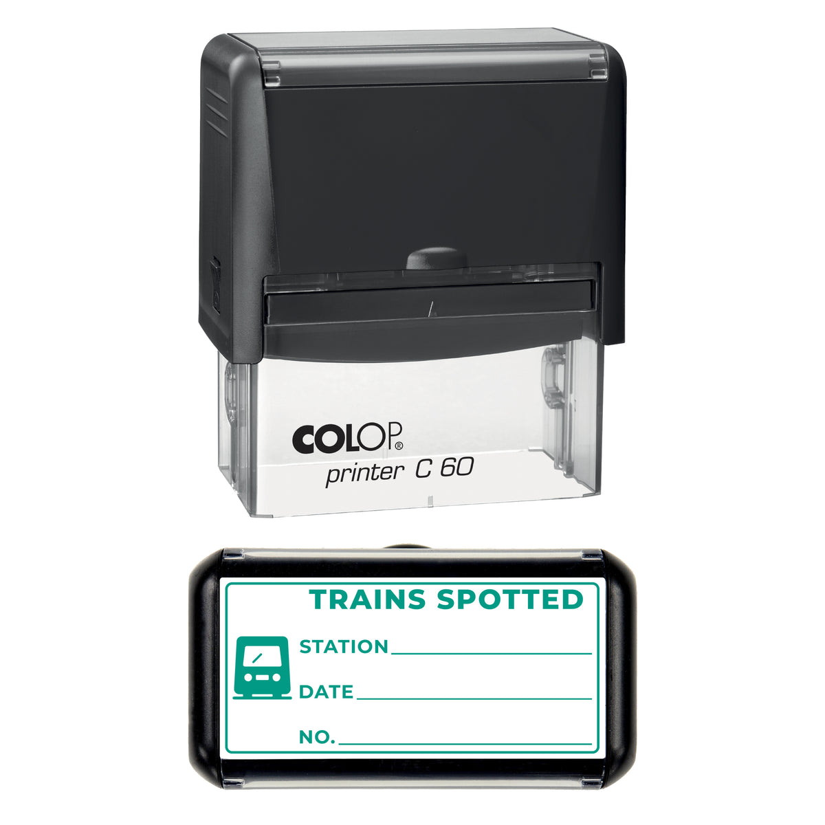 Trains Spotted Log Stamp, COLOP C60, 77 x 36mm, green ink