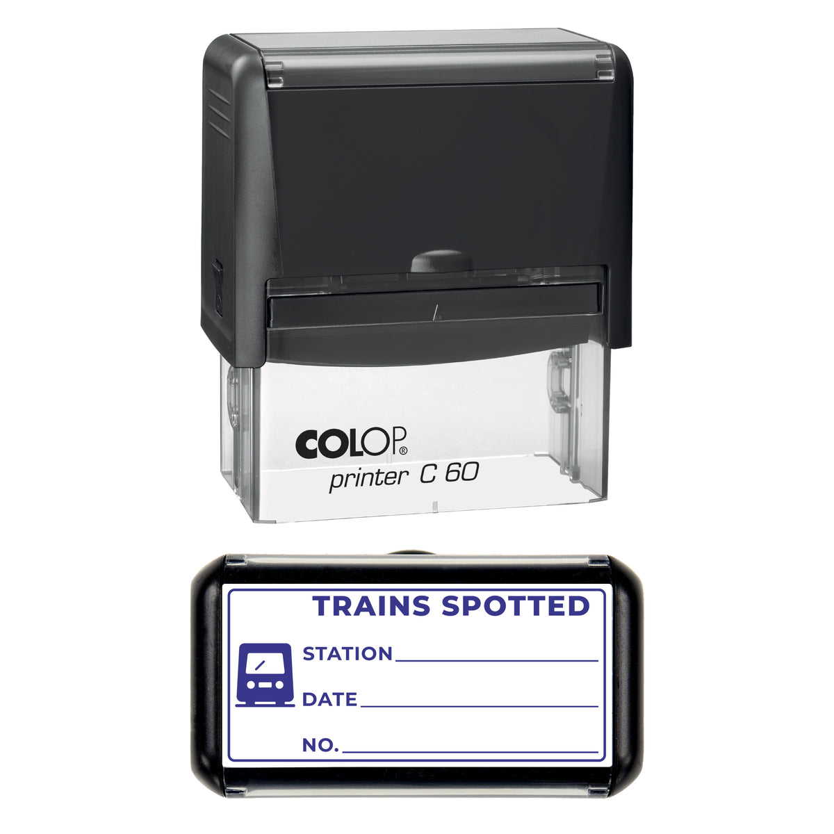 Trains Spotted Log Stamp, COLOP C60, 77 x 36mm, violet ink