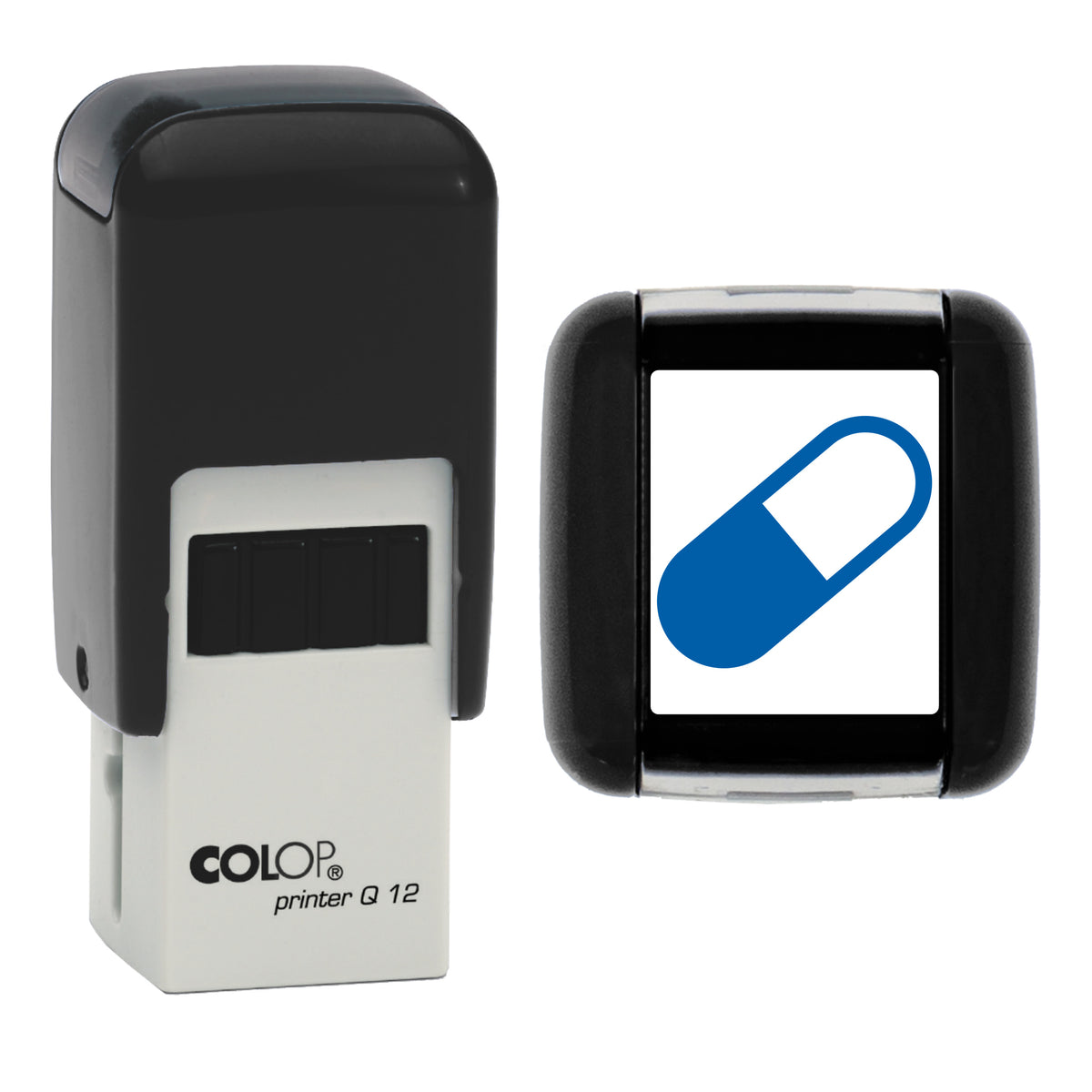 Medication Reminder Planner Icon Stamp, COLOP Q12, 12 x 12mm, blue ink