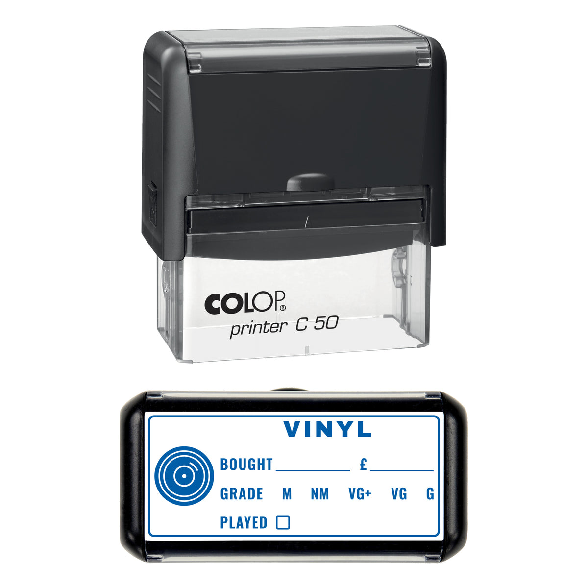Vinyl Record Grading Stamp, COLOP C50, 70 x 30mm, blue ink