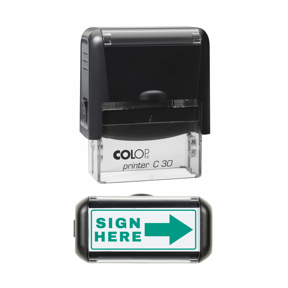 Sign Here Arrow Stamp, COLOP C30, 45 x 18mm, green ink