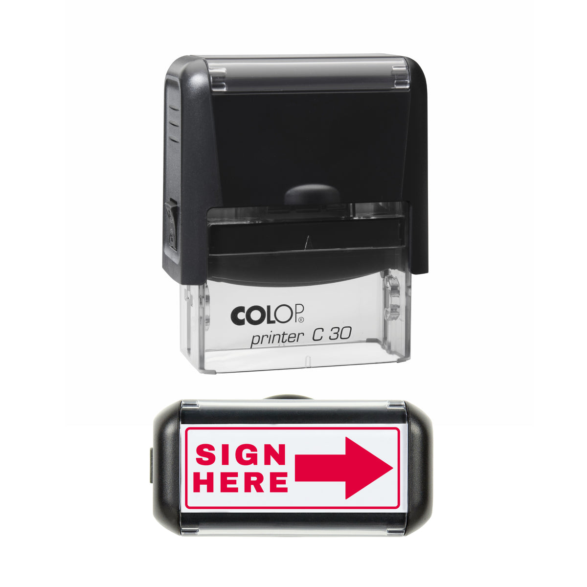 Sign Here Arrow Stamp, COLOP C30, 45 x 18mm, red ink